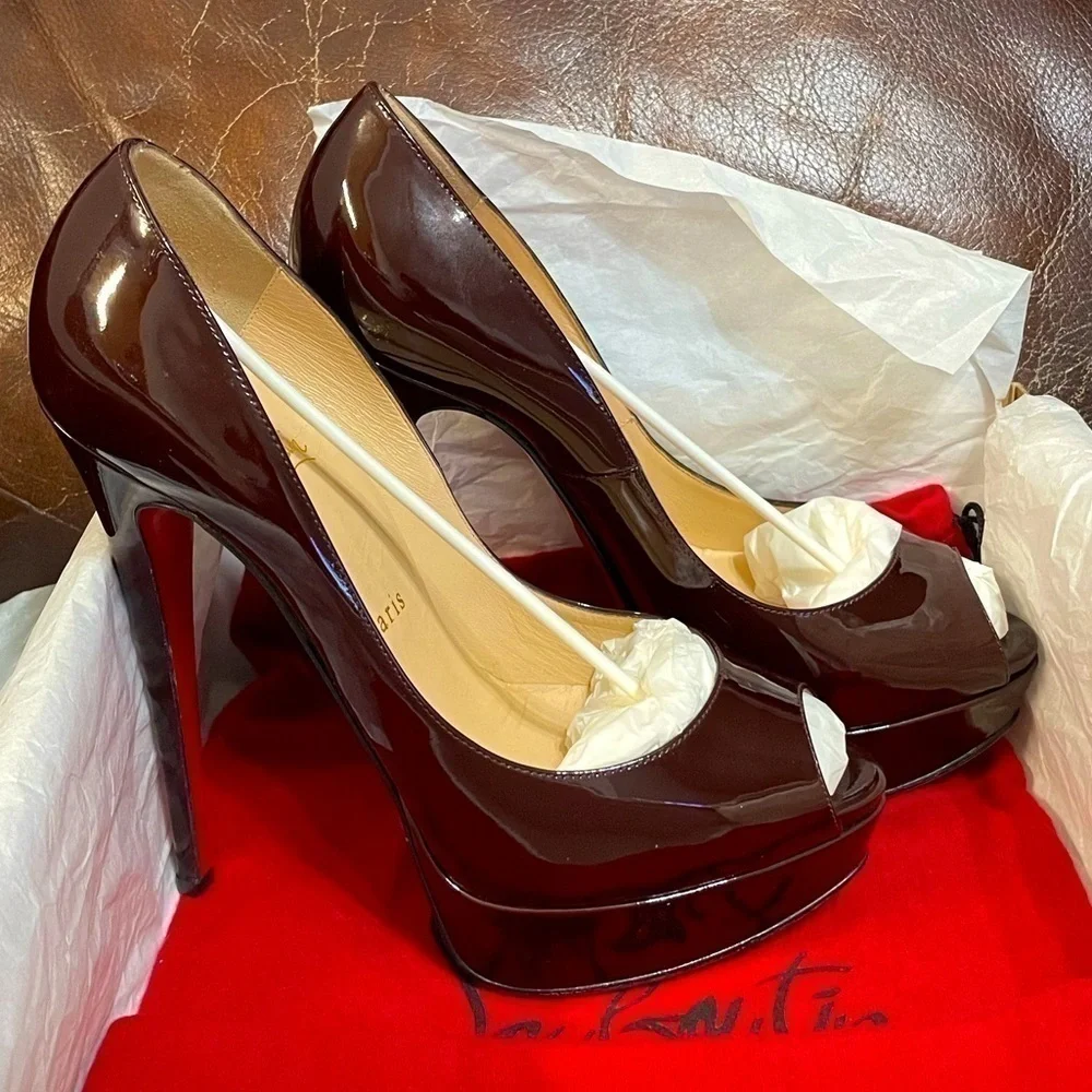 Christian Louboutin burgundy brown patent 150mm Lady Peep, peep toe pump…